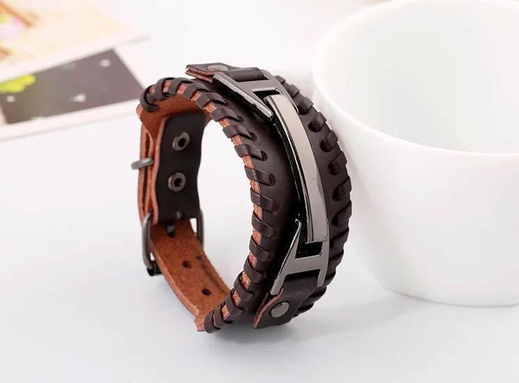 P01670Coffee Винтажный Многослойный кожаный браслет ручной работы, мужские Модные Плетеные кофейные веревочки, браслеты и браслеты, мужской подарок - Окраска металла: P01670Coffee