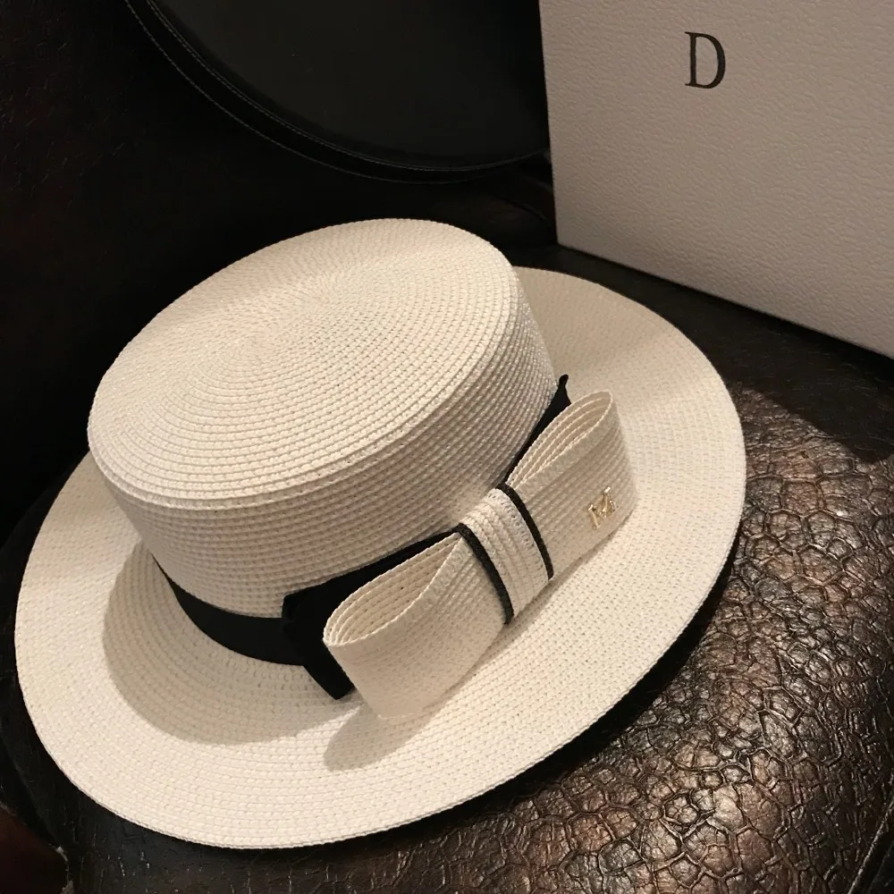 French Straw Flat Top Bow Female Sun Hats M Panama Elegant Wide Brim Anti-UV Beach Hat Women's Summer Sun Cap Gorras