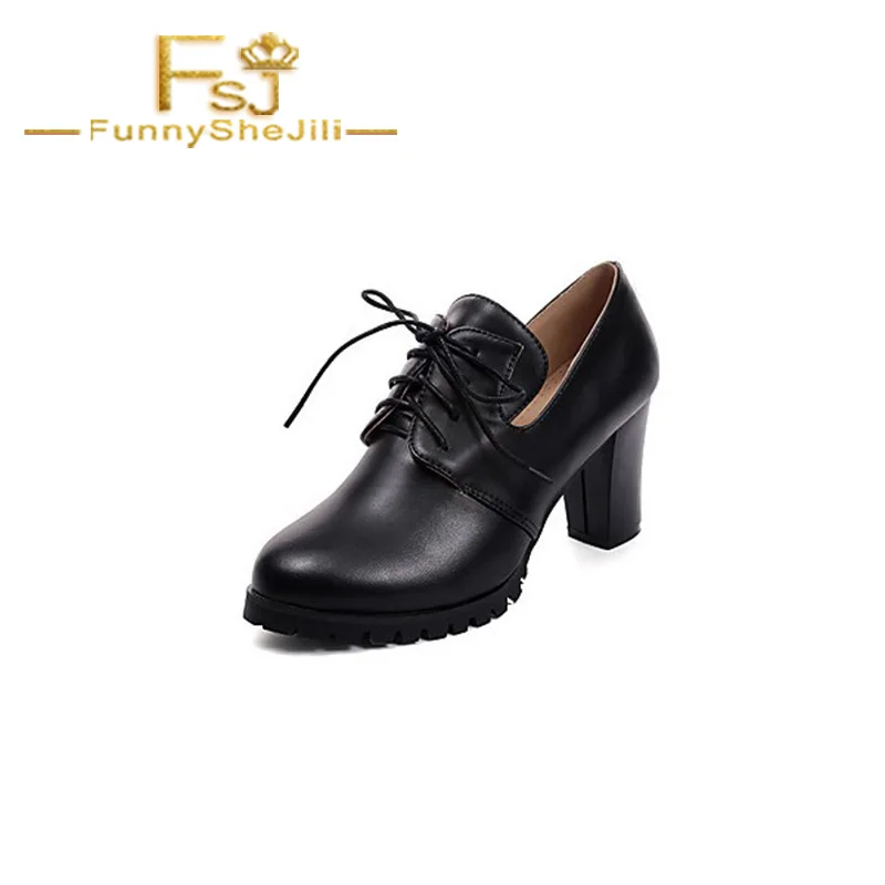 

Black Lace up Oxford Heels Round Toe Chunky Heel Vintage Shoes Fashion Sexy Noble Incomparable Generous Women Shoes FSJ Elegant