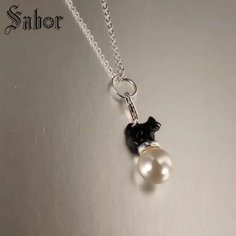 Классические посеребренные подвески в виде черного кота и жемчуга для