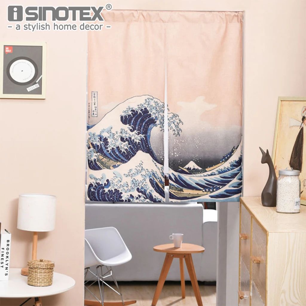 Японский двери Шторы белье хлопок волна с принтом кота для Гостиная Творческий