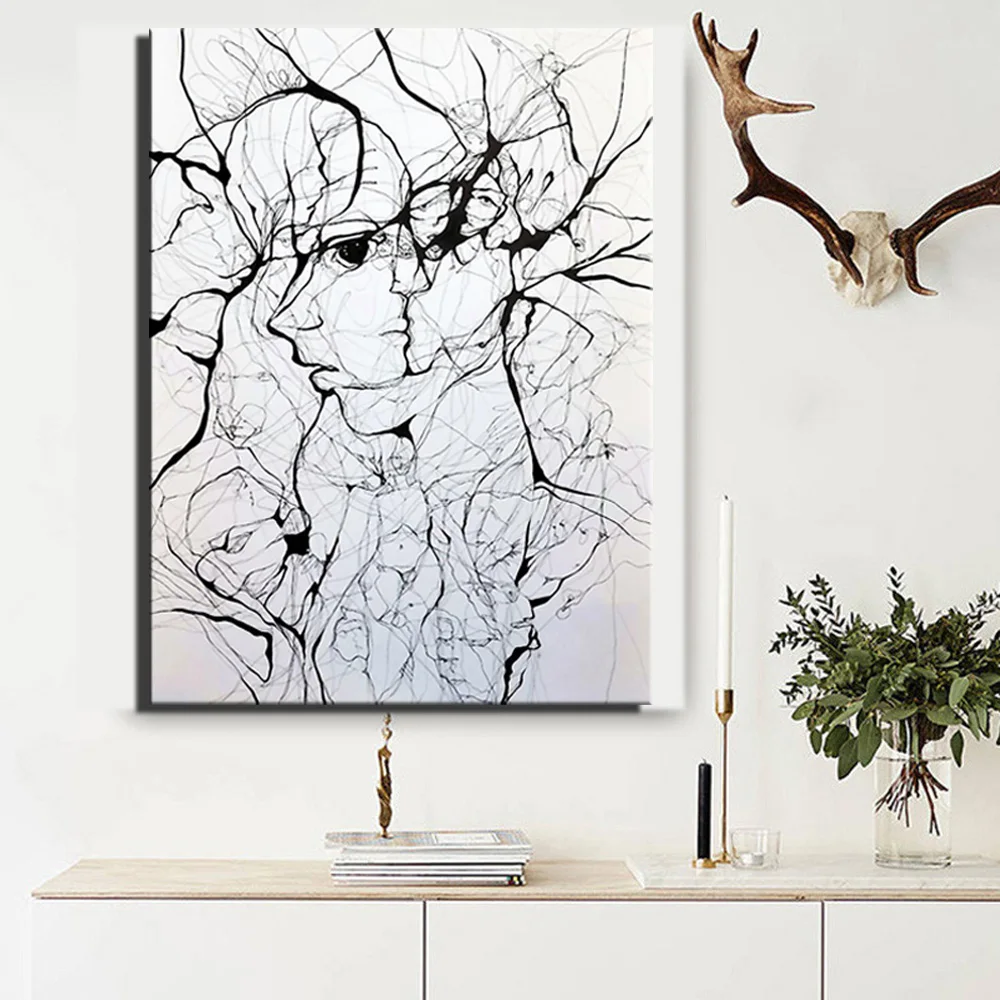 Черно-белые живописи на холсте "Линия искусства". Крупные абстрактные девочки. Поп-принты HD-печать. Современные картинки для домашнего декора. Картины для гостиной.