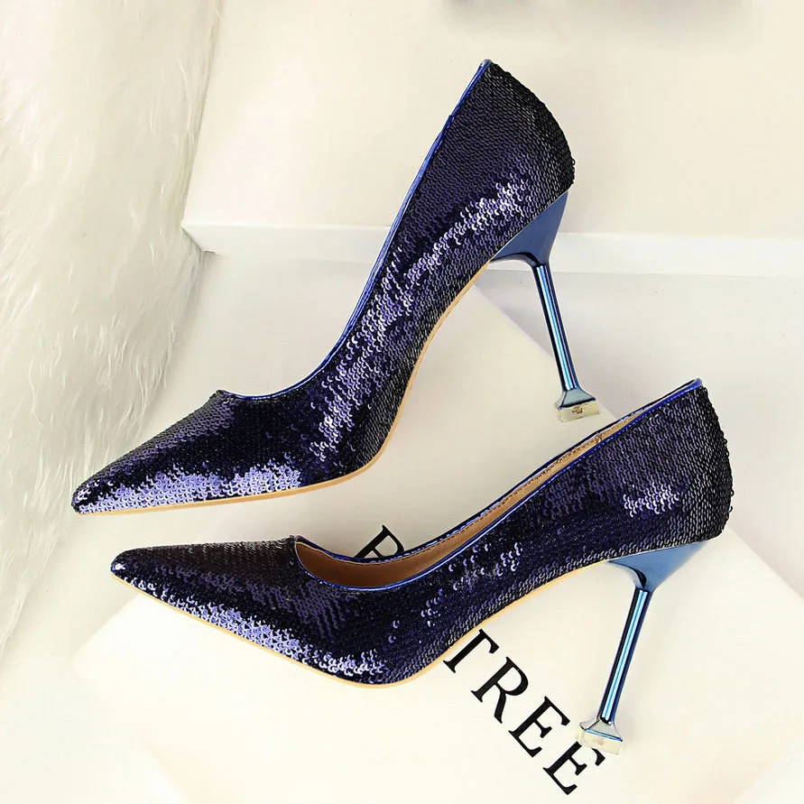 Dark Blue Новинка года; элегантные модные женские пикантные туфли-лодочки на высоком каблуке 9 см; женские туфли на высоком каблуке с блестками; цвет золотой, темно-синий - Цвет: Dark Blue