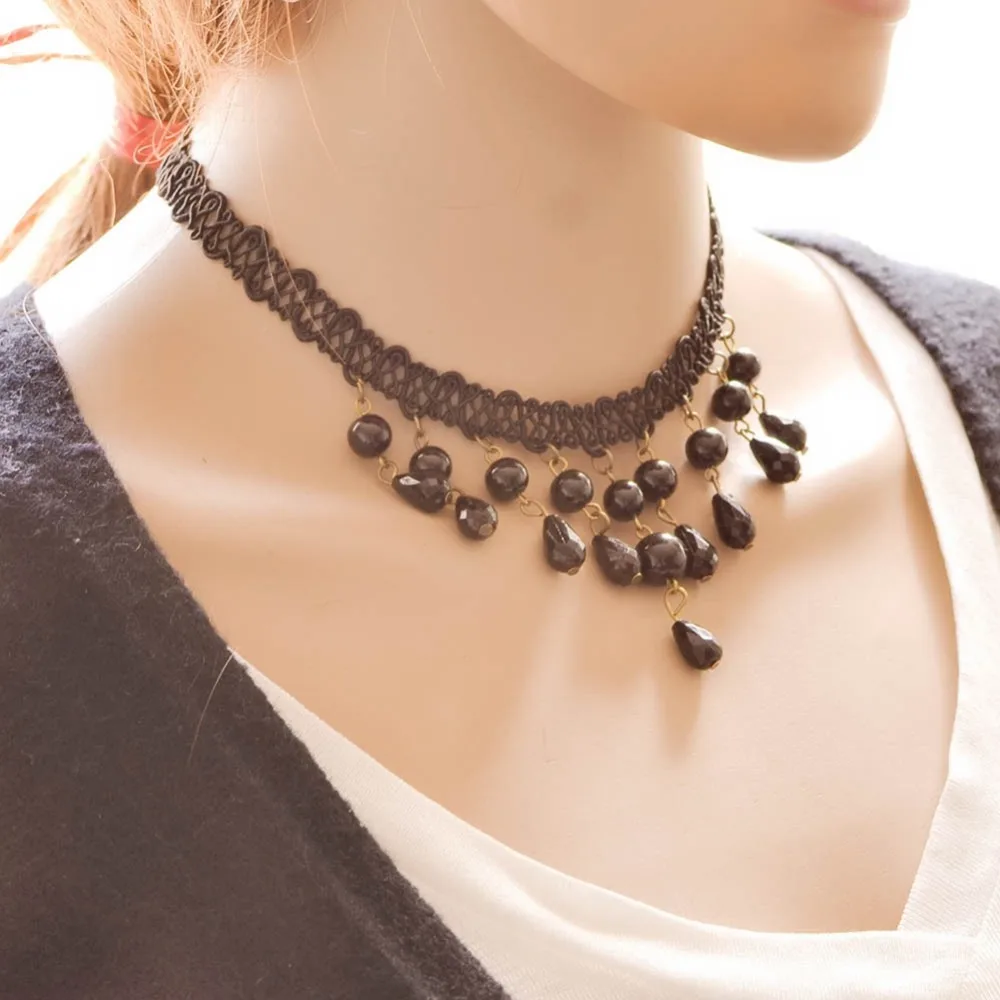 Shunyun Ручной Черный Плетеный Канат Кисточкой Choker Бусины Teardrop Подвеска Себе