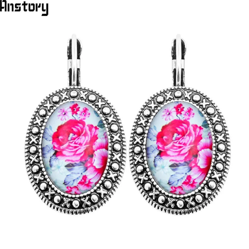 Oval Acrylic Rose Flower Earrings Vintage Pendant For Women Antique Silver Plated Fashion Jewelry TE445 |