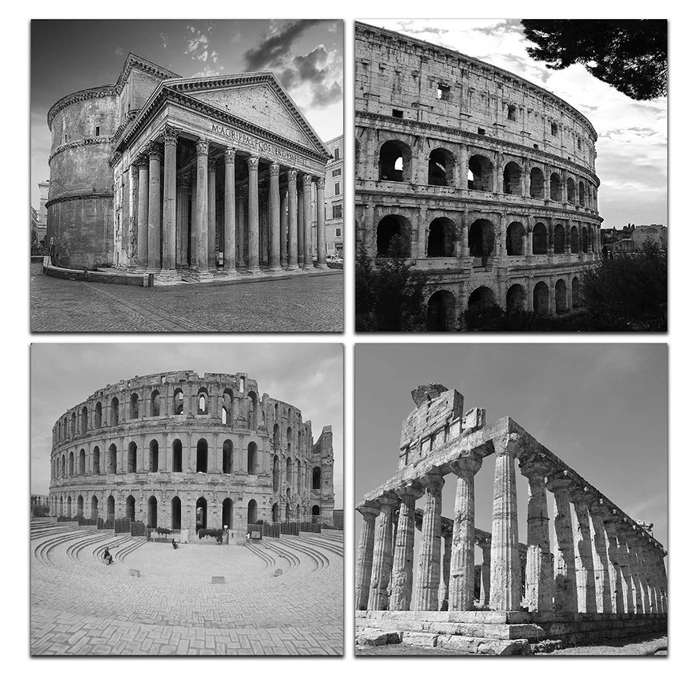 

Modern 4 Panels Giclee Black and White Architectures Canvas Prints Rome Buildings Landscape Pictures Paintings Drop Shipping