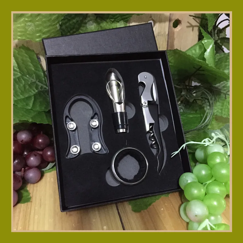 Free shipping Red Wine Bottle Opener 4Pcs In One Set with Black Leather Gift Box Wines Accessory | Дом и сад