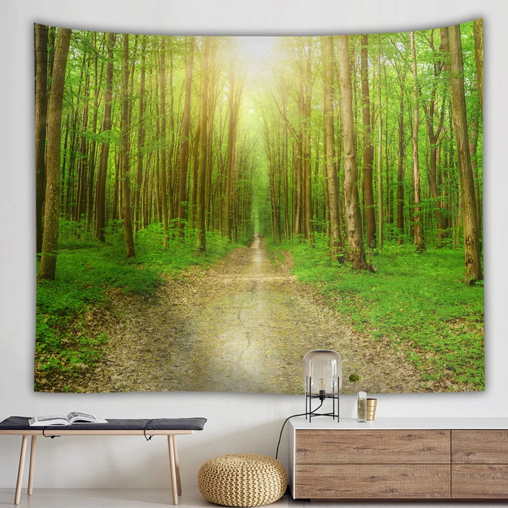 Гобелен с зеленым лесом принтом природного солнечного света оленя украшение для