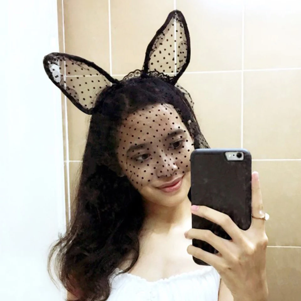 Сексуальные ободки с кошачьими ушками в черный горошек для женщин кружевная