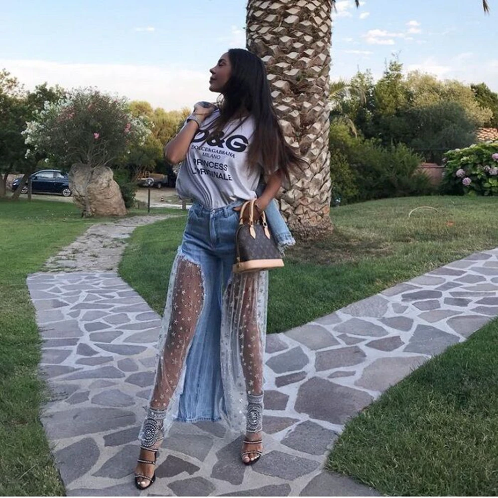 Женские сетчатые Брюки с блестками модные повседневные джинсы на пуговицах