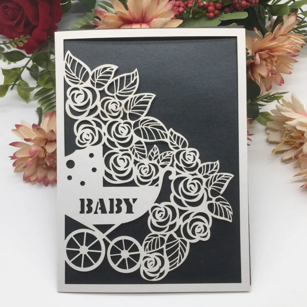 

50pcs Exquisite Pearl Paper Baby Shower Invitations With Bowknot Laser Cut Baby Carriage Pattern Birthday Party Invitations