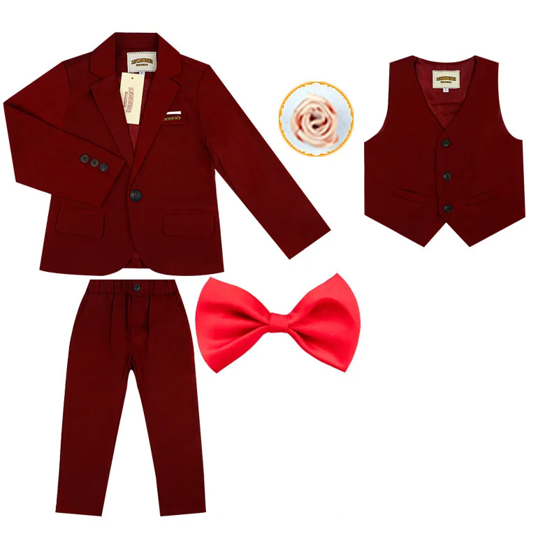 red 3pcs Весенний Деловой блейзер с цветочным принтом для мальчиков; комплект одежды; детская куртка; жилет; брюки; костюм-смокинг для свадьбы из 3 предметов; Детский костюм на день рождения - Цвет: red 3pcs