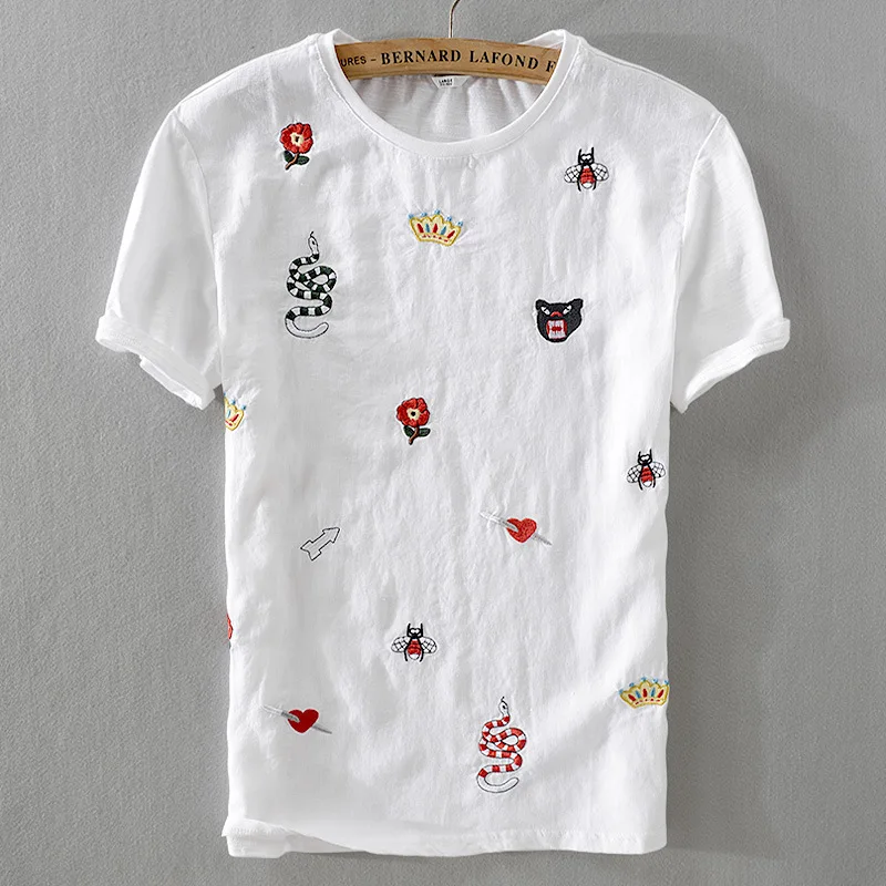 

New Summer Front 100% Linen.back+sleeve 100% Cotton Casual Short Sleeve Youth Fashion Embroidery O-neck Men T Shirt Size M-3XL