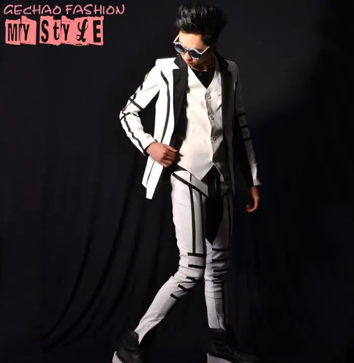 

New hot nightclub male singer DJ fashion GD white stitching suit big hair stylist bar costume accessories
