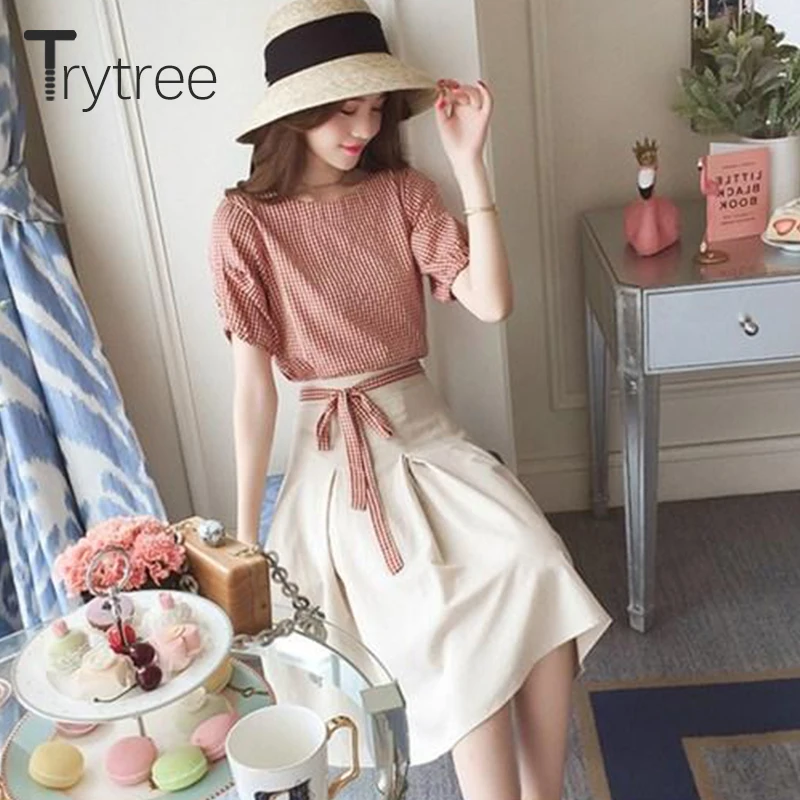 Trytree/летний женский костюм из двух предметов повседневный клетчатый топ с