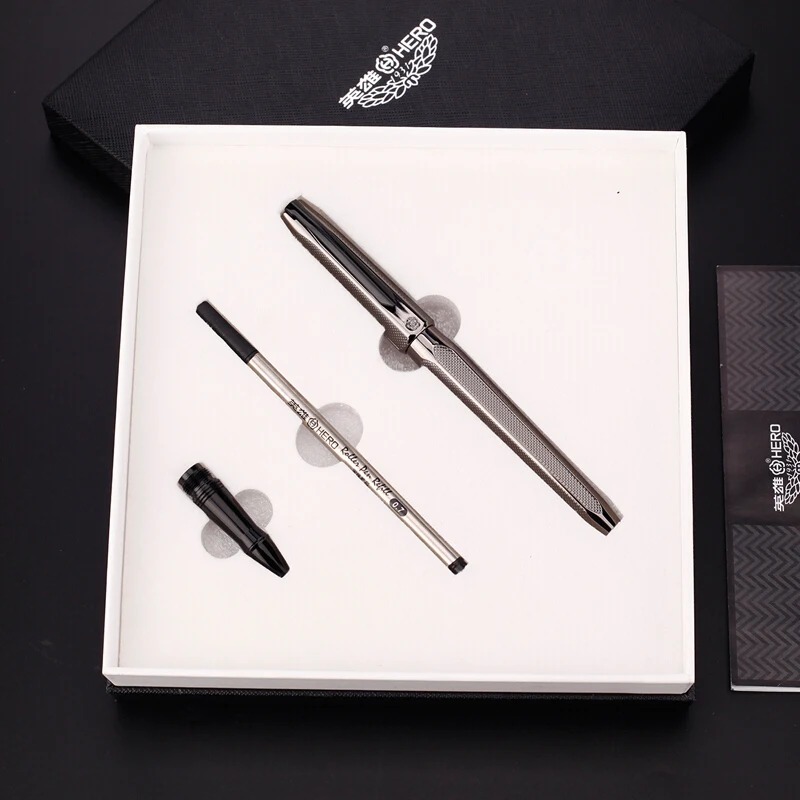 Grey Hero 2191 14K Золотая коллекция авторучка Золотая гравировка рябь двухголовый Средний Перьевая ручка и коробка для бизнеса и офиса - Цвет: Grey