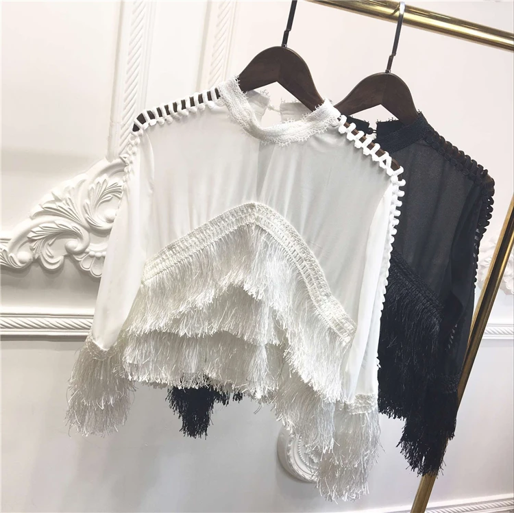Женская шифоновая блузка с кисточками черный и белый джемпер круглым вырезом