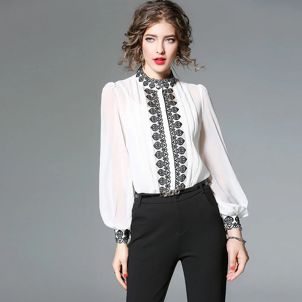 Женская шифоновая блузка с вышивкой в этническом стиле однотонная белая рубашка