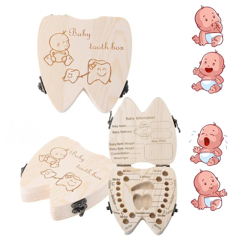 Caja de dientes de recuerdo para beb&eacute;, organizador de madera griego/espa&ntilde;ol/ingl&eacute;s/ruso/franc&eacute;s/italiano para dientes de leche, caja de almacenamiento para ni&ntilde;os y ni&ntilde;as-3
