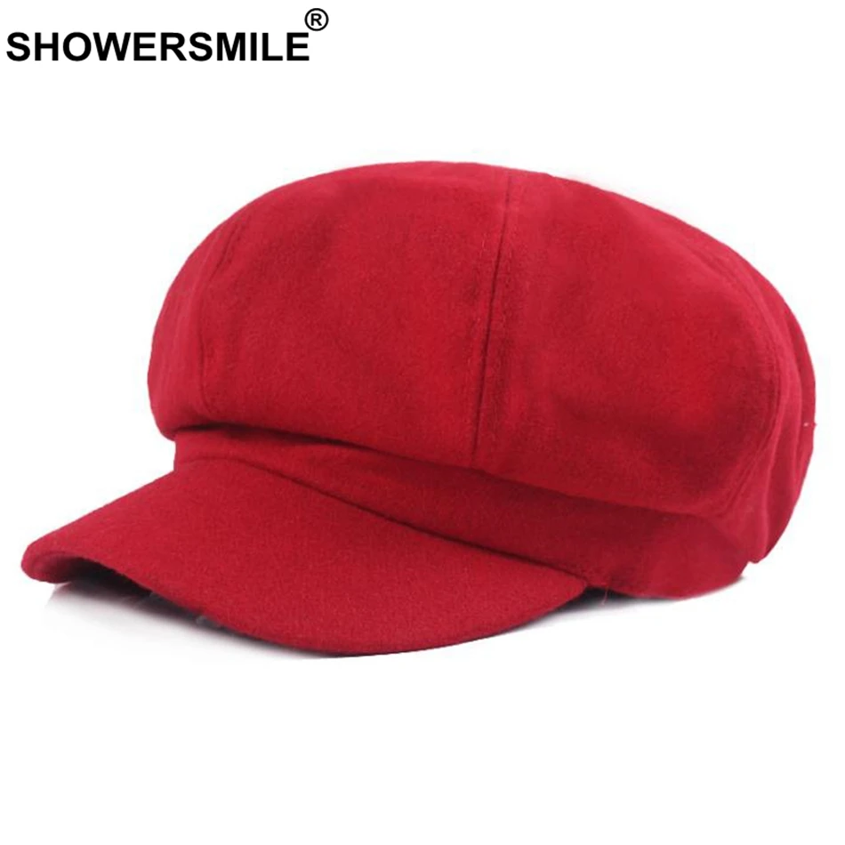 SHOWERSMILE бордовая газетная Кепка s Женская однотонная шерстяная шляпа для художников винтажная женская красная британская осенне-зимняя восьмиугольная кепка газетчик