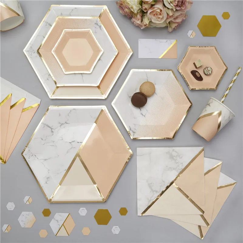Blush Peach Disposable Tableware Foil Gold Paper Cup/ Marble Plates Napkins Table Decoration Wedding/Birthday/Party Supplies | Дом и сад