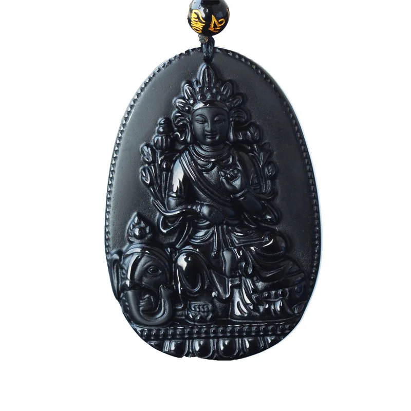 

Natural Black Obsidian Hand Carved Patron saint Elephant GuanYin Lucky Blessing pendant free necklace Fine Jewelry for woman man