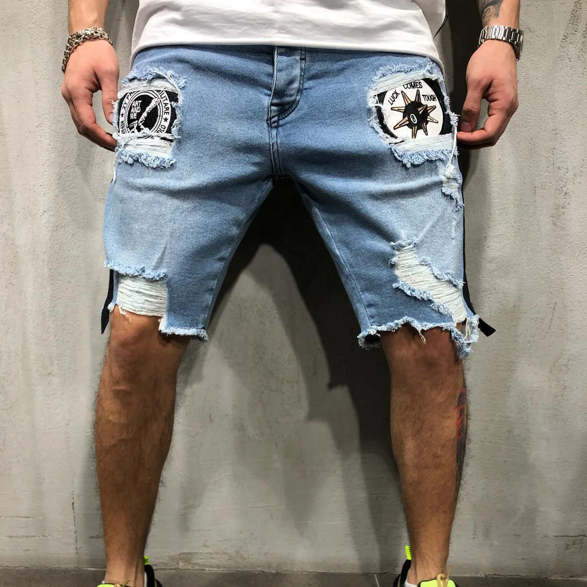 

New Men hole embroidered Short jeans Slim knee length male Casual Thin Summer Denim Pants Classic
