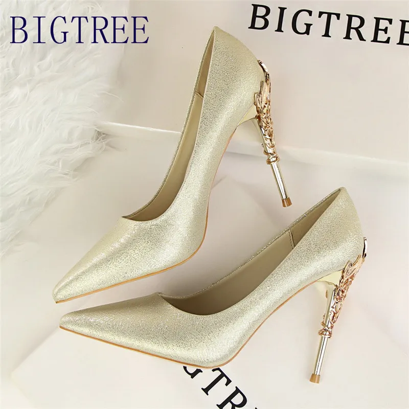 

BIGTREE Women Pumps Elegant Metal Carved Heels Solid Silk Pointed Toe Shallow Fashion High Heels 10cm Shoes Women Wedding Shoe