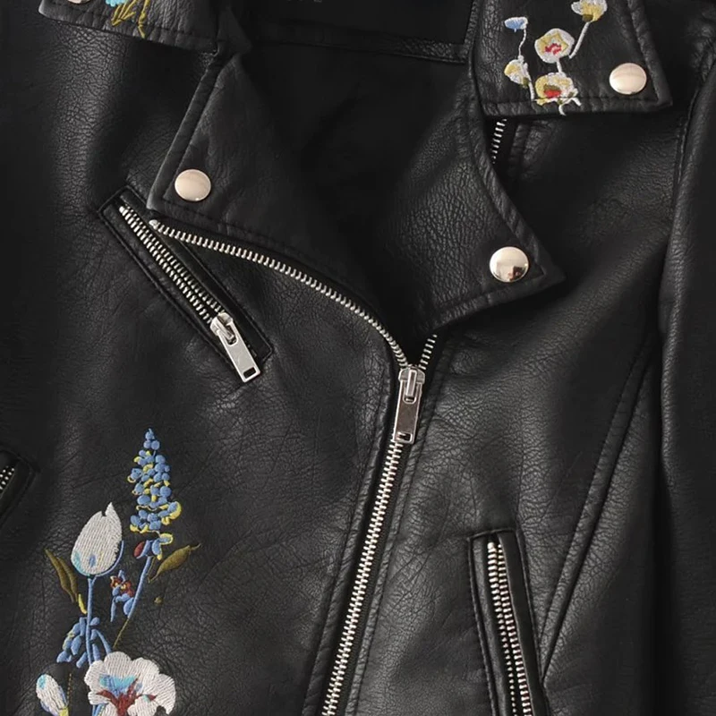 

Spring Autumn Pop Fashion Tops Women Short Leather Jackets Flowers Embroidery Jacket Coat Female Slim Zipper PU Leather Jackets