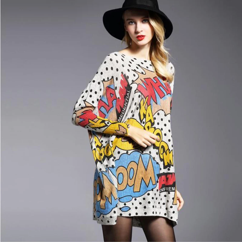 Женский мешковатый вязаный пуловер с комическим принтом джемпер вязаная одежда