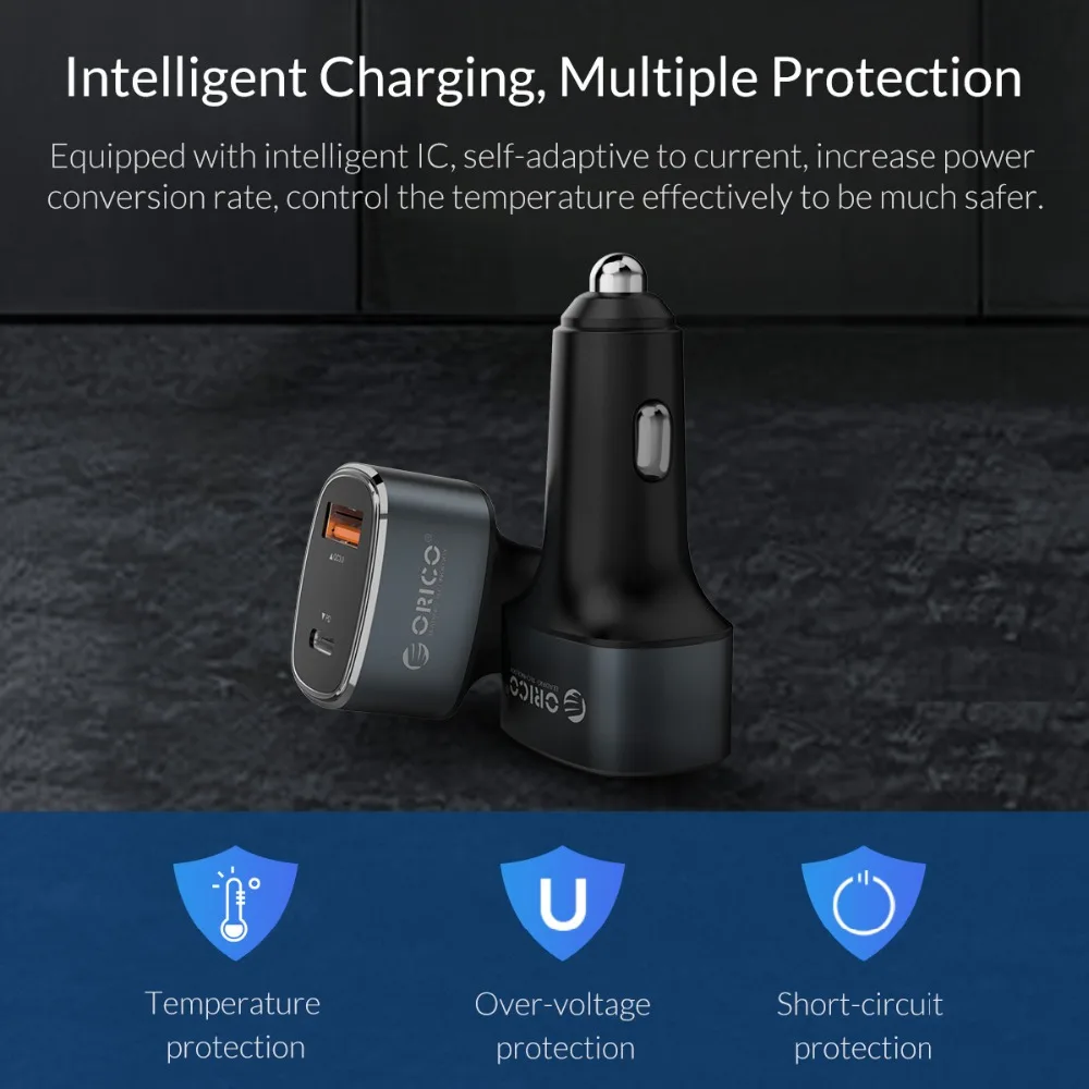 Автомобильное зарядное устройство ORICO с двумя USB PD C, быстрая зарядка 3,0, зарядное устройство для мобильного телефона, QC 3,0, автомобильное зарядное устройство для Xiaomi, samsung, S8, iPhone X, 8, планшета