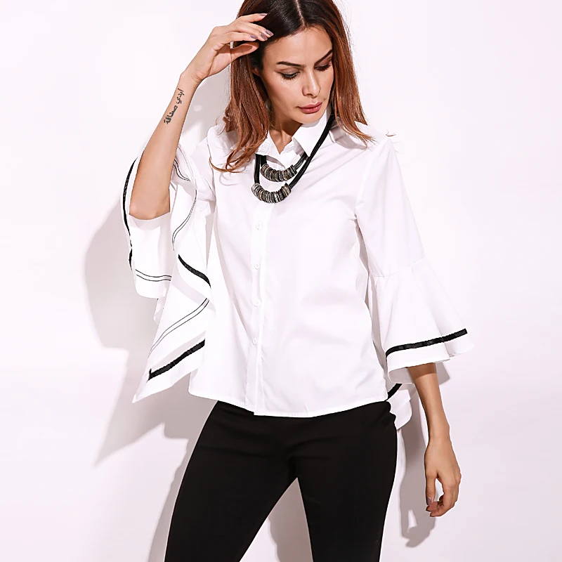 ZANZEA, женская рубашка, топы, Blusas, женская элегантная блузка с рукавами-колокольчиками, повседневная, для работы, белые рубашки, пэчворк, черная, в полоску, Blusa Feminina