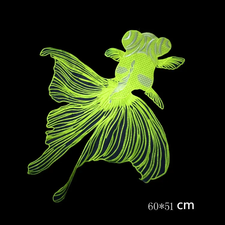 A large fluorescent green embroidery goldfish patch Chiffon red applique for clothes | Дом и сад