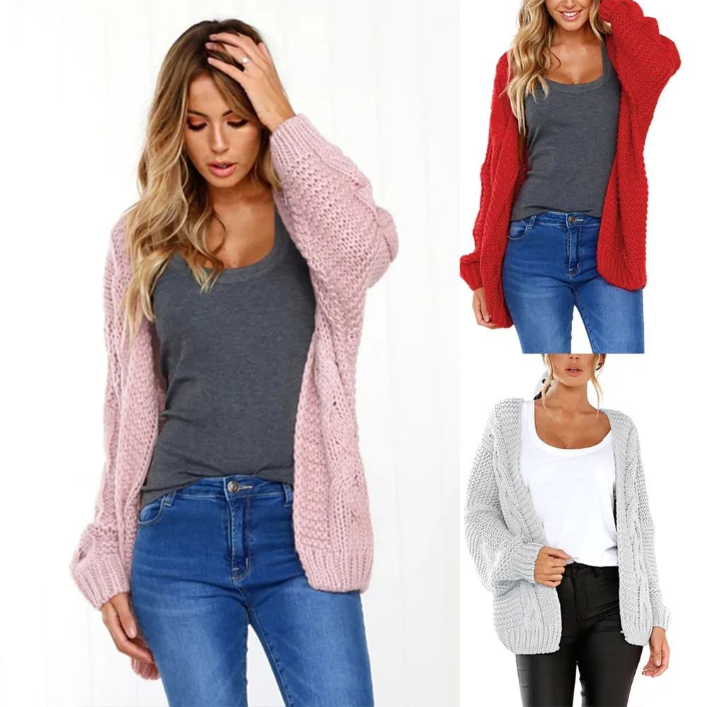 2018 Autumn Women Woolen Yarn Sweater Long Sleeve Solid Casual Pocket Knitted Plus Size Outerwear Open Stitch |