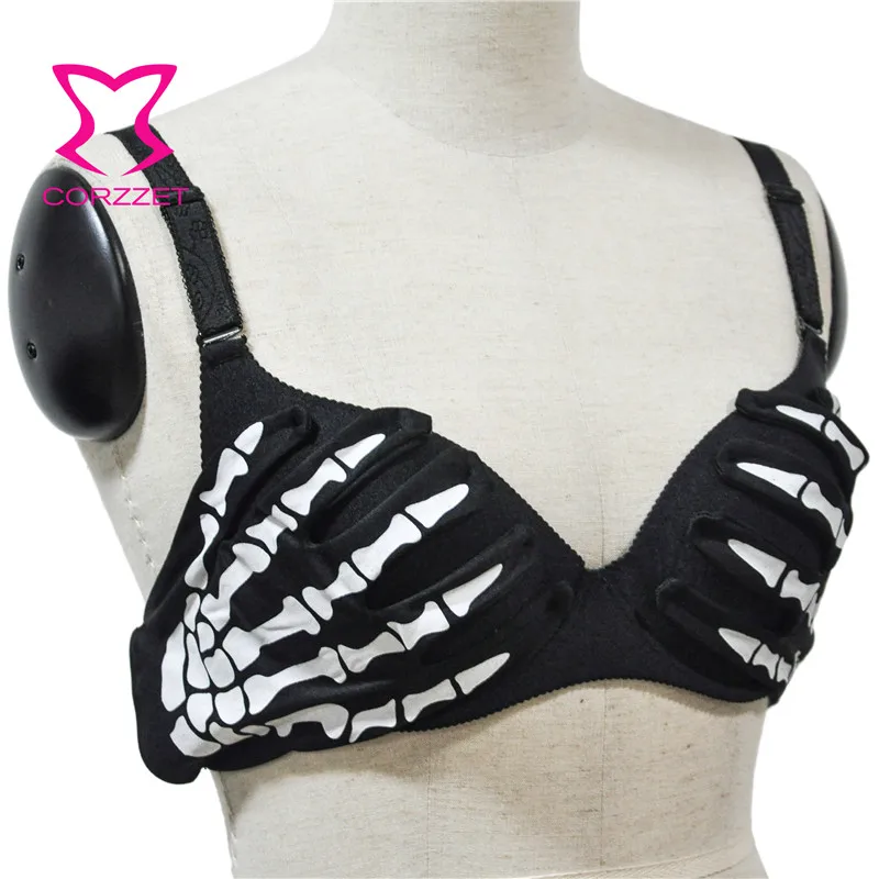 Black With White Skeleton Hands Pattern Punk Gothic Bras For Women Push Up Bra Sexy Bralette Top Brassiere Femme Nightclub Wear
