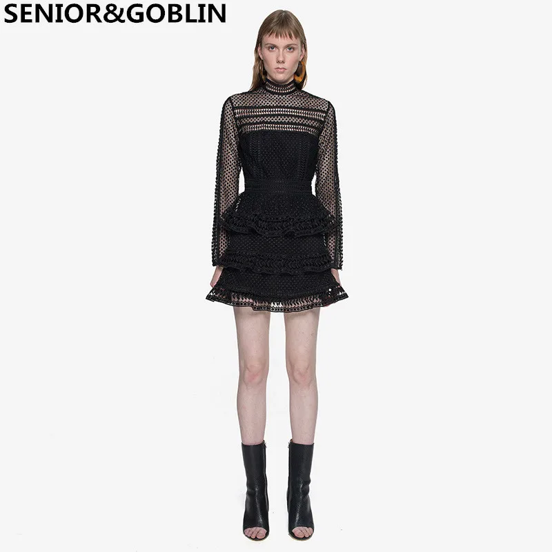 

2023 г., высококачественное женское платье на заказ, Осеннее кружевное ажурное платье черного и винного цвета