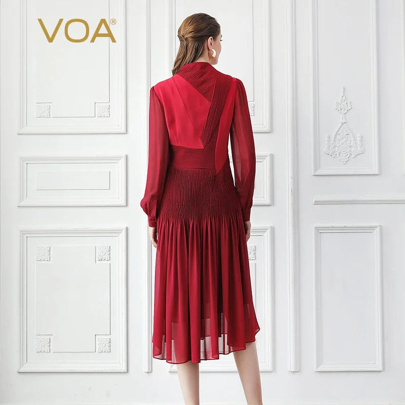 VOA Heavy Silk Red Pleated Retro Dresses Women Midi Party Dress Autumn Long Sleeve Vintage Large Size Elegant Slim A10015 | Женская