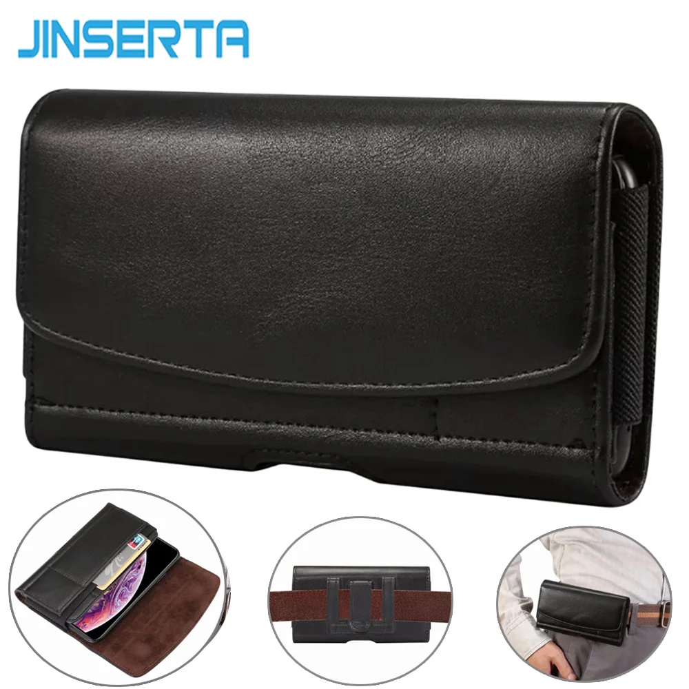 

JINSERTA Universal Genuine Leather Belt Clip Pouch Bag for iPhone XS Max XR Waist Horizontal Phone Cover for Samsung Galaxy S9