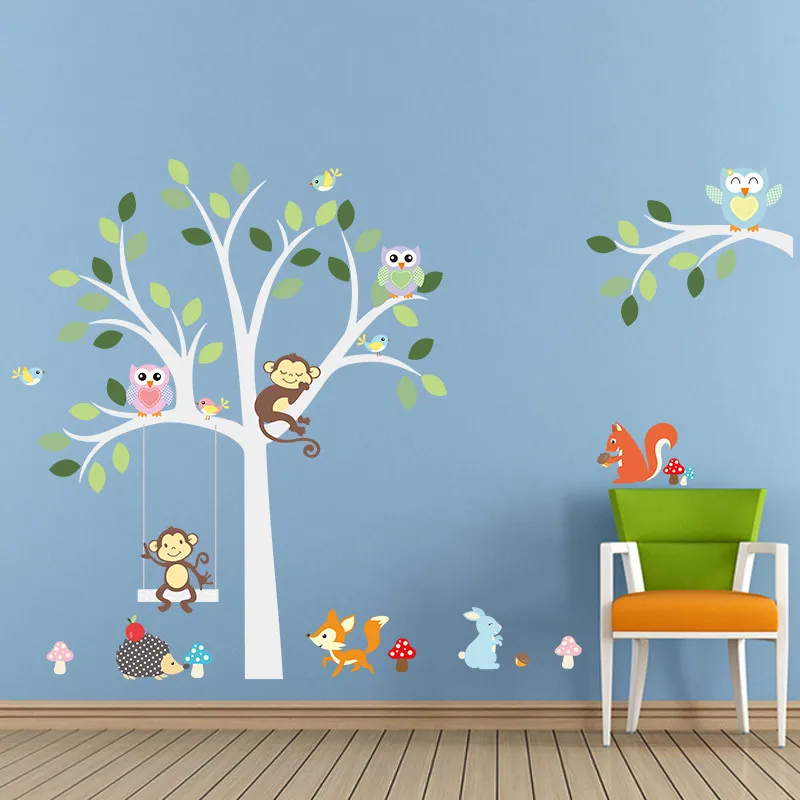 cute owls monkey fox squirrel white tree wall decals kids rooms home decor cartoon animals stickers pvc mural art | Дом и сад