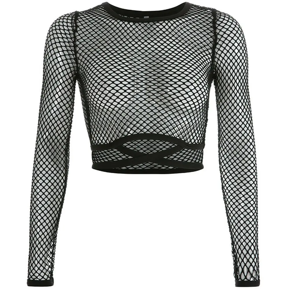 

Women Mesh Sheer See Through Top Blouse Ladies Mesh Long Sleeve Crop Tops Party Blouses Hollow Net Slim Blouse S-L