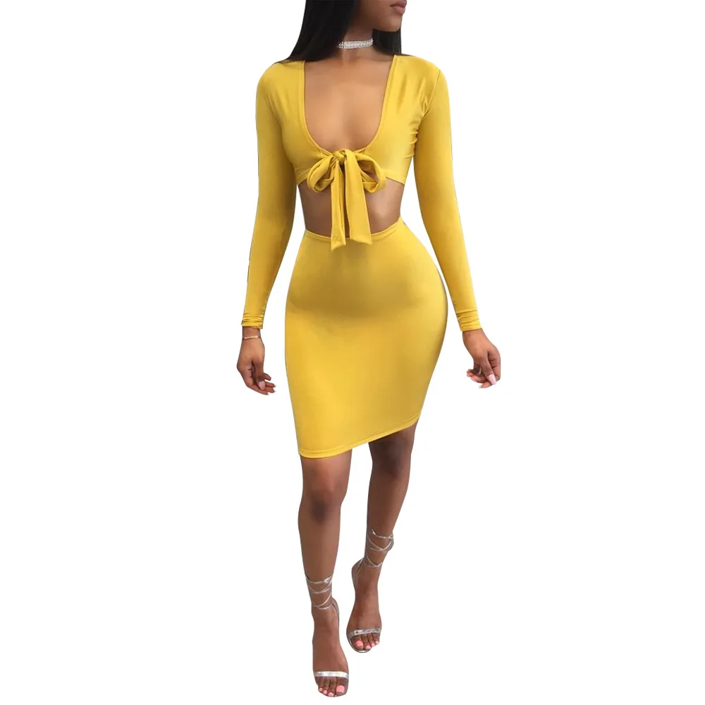 С длинным рукавом V Средства ухода за кожей шеи топ с Bodycon Юбки для женщин Для