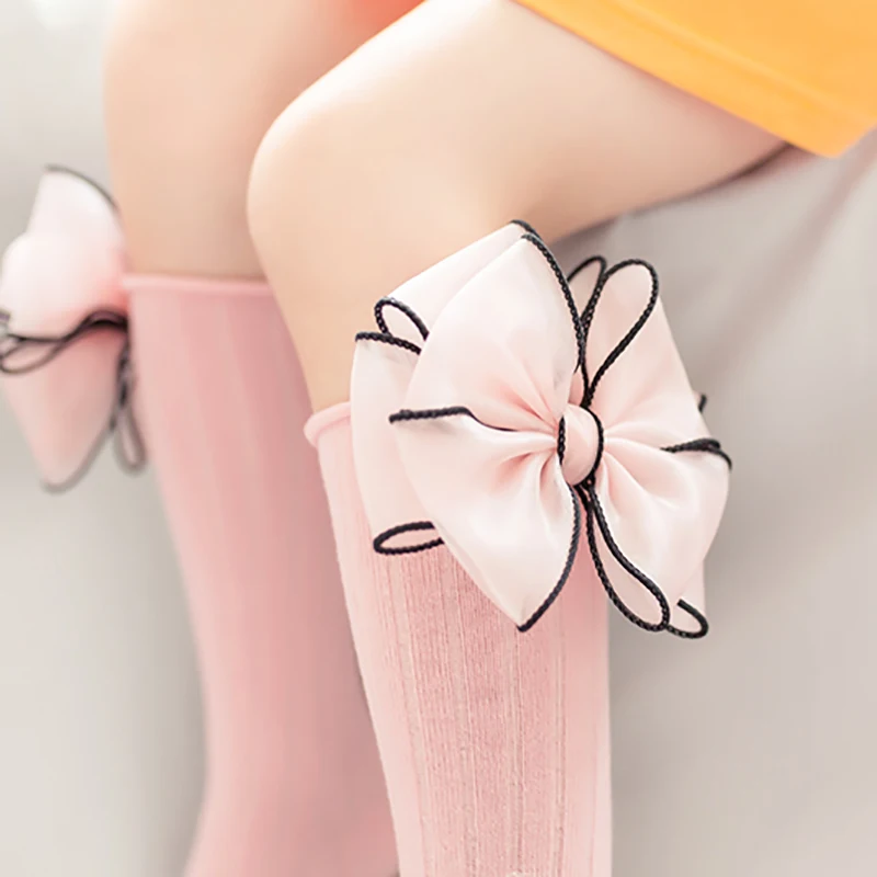 Calcetines con lazos para ni&ntilde;as, medias largas hasta la rodilla de algod&oacute;n, Color caramelo-2