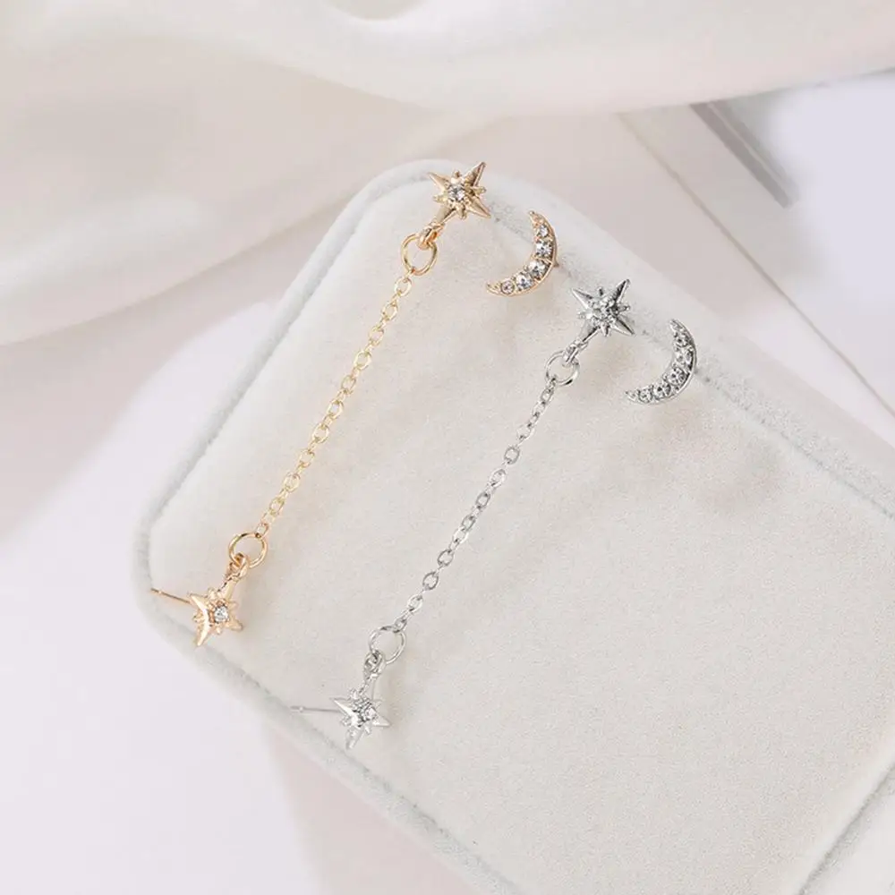2019 NEW Lovely Gold Stainless Steel Double Star Moon Stud Earrings for Women Korean Set 3 ear Hole Jewelry Accessories | Украшения и