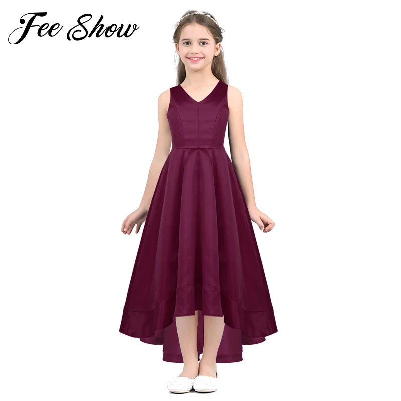Kids Girls Satin Dress 2019 Summer Sleeveless V Neckline High-Low Hem Flower Girl Elegant Princess Birthday Party Dresses | Детская