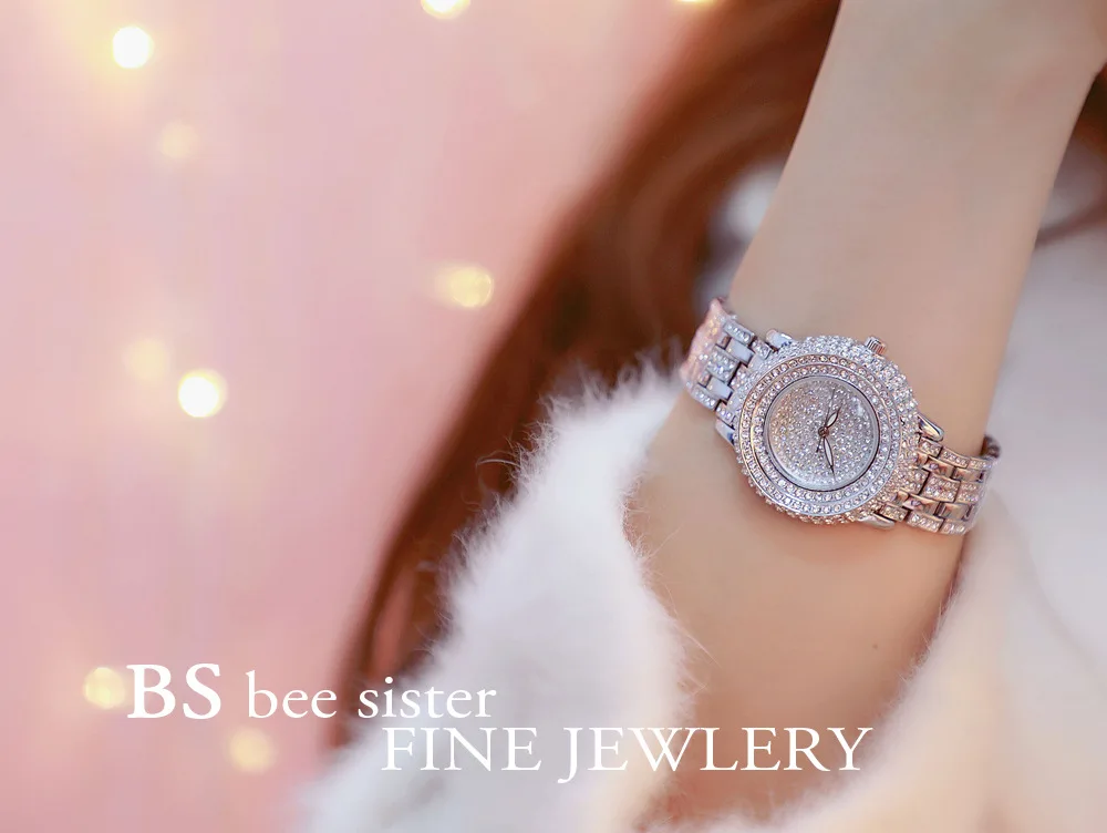 Женские часы с кристаллами кварцевые ремешком из нержавеющей стали стразы