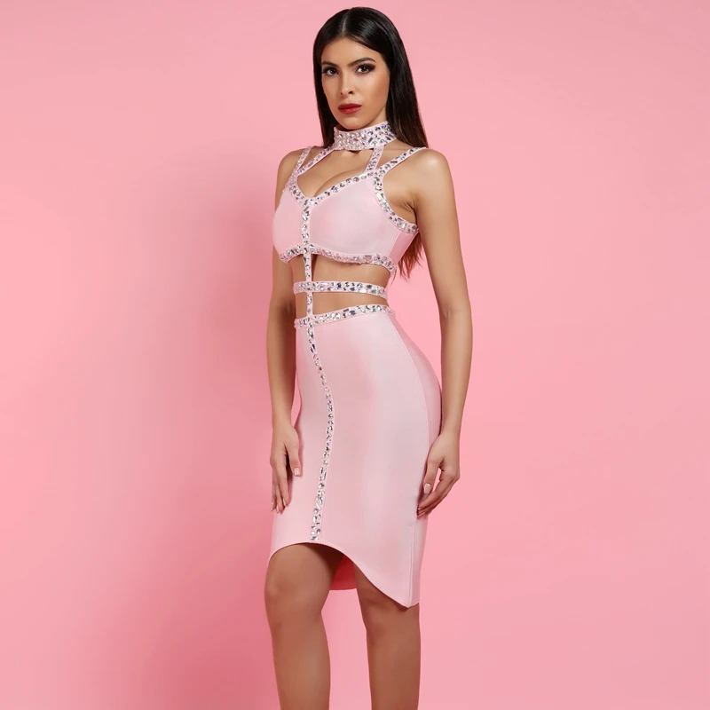 Женское Бандажное платье с вышивкой из бисера розовое элегантное облегающее