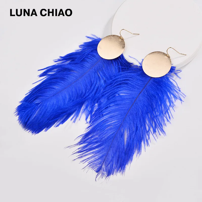 Женские большие серьги подвески LUNA CHIAO дизайнерские из страуса с крашеными