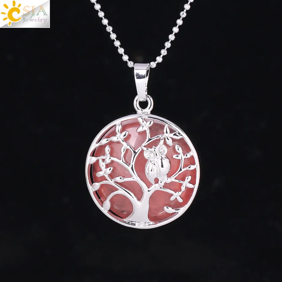 Watermelon Crystal CSJA, ювелирные изделия из натурального камня, ожерелье с кулоном, птица, сова на Древе жизни, Женское Ожерелье, s& Кулоны, трендовые ювелирные изделия для лета F343 - Окраска металла: Watermelon Crystal