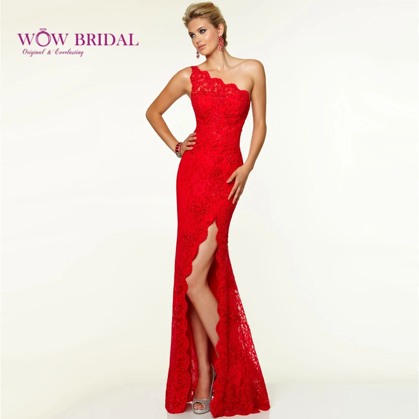 Wowbridal Дешевое кружевное вечернее платье русалки на одно плечо с Боковым Разрезом