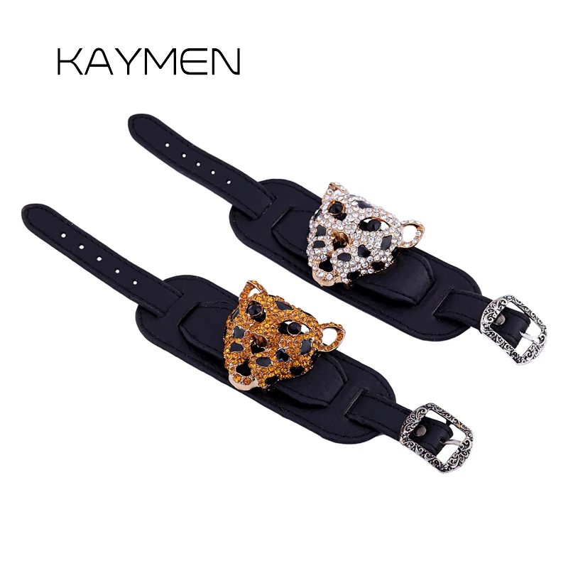 Модные полные стразы и кожа Bracelelt леопардовый рисунок головы браслет для женщин с